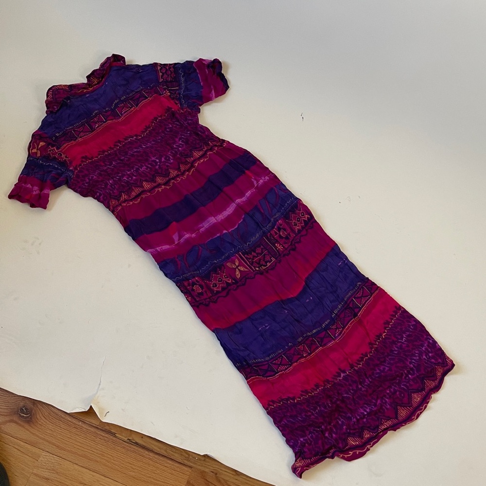 Y2K 90s Phool Magenta Tropical Short Sleeve Floral Maxi Dress size M button down - Picture 6 of 6